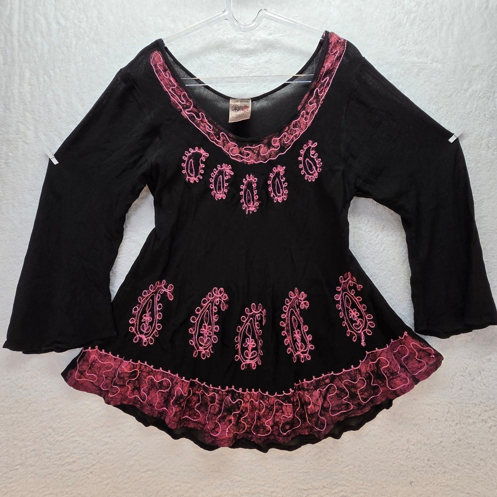 Vintage Womens Paisley Embroidered Peasant Top Boho Indie Whimsigoth Lightweight